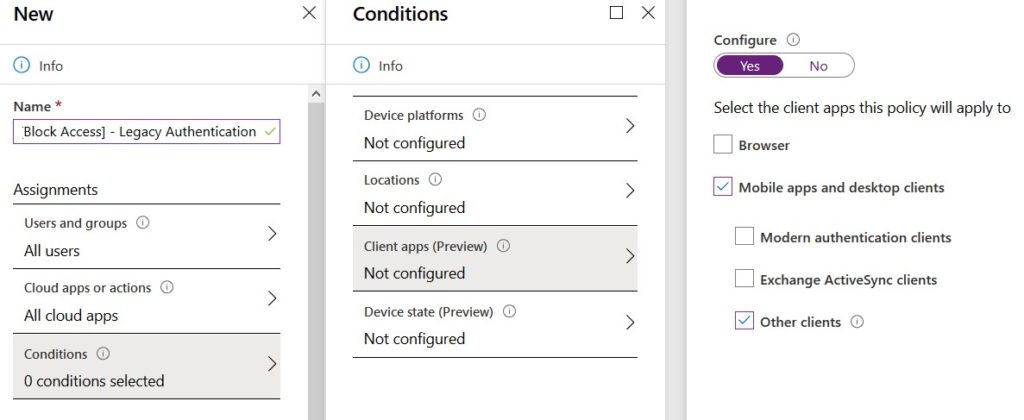 Block legacy authentication with conditional access